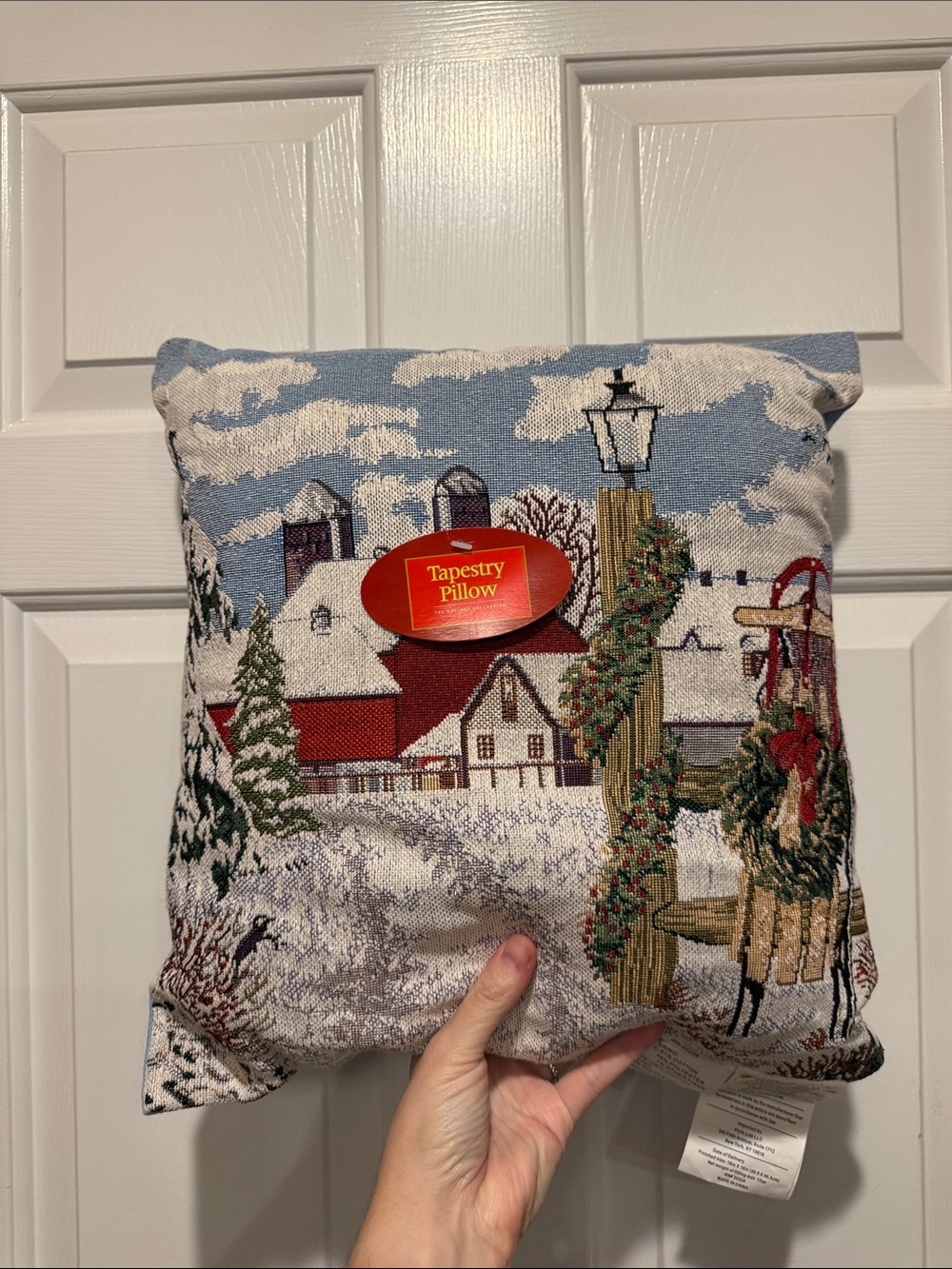 Holiday Tapestry Village Pillow - Blue & Red